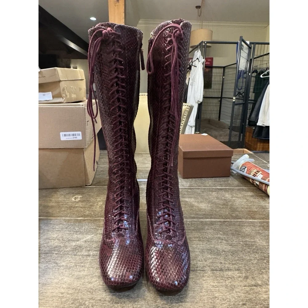 Kate Spade Lake‎ Snake-Embossed Leather Knee High Boots Burgundy  Victorian